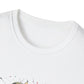 Close-up of white unisex cotton crewneck t-shirt collar: soft ribbed neckline, clean stitching, comfortable fit. Premium durable crew neck construction detail.