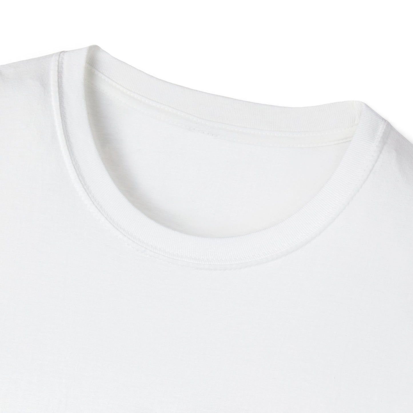 Close-up of white unisex cotton crewneck t-shirt collar: soft ribbed neckline, clean stitching, comfortable fit. Premium durable crew neck construction detail.