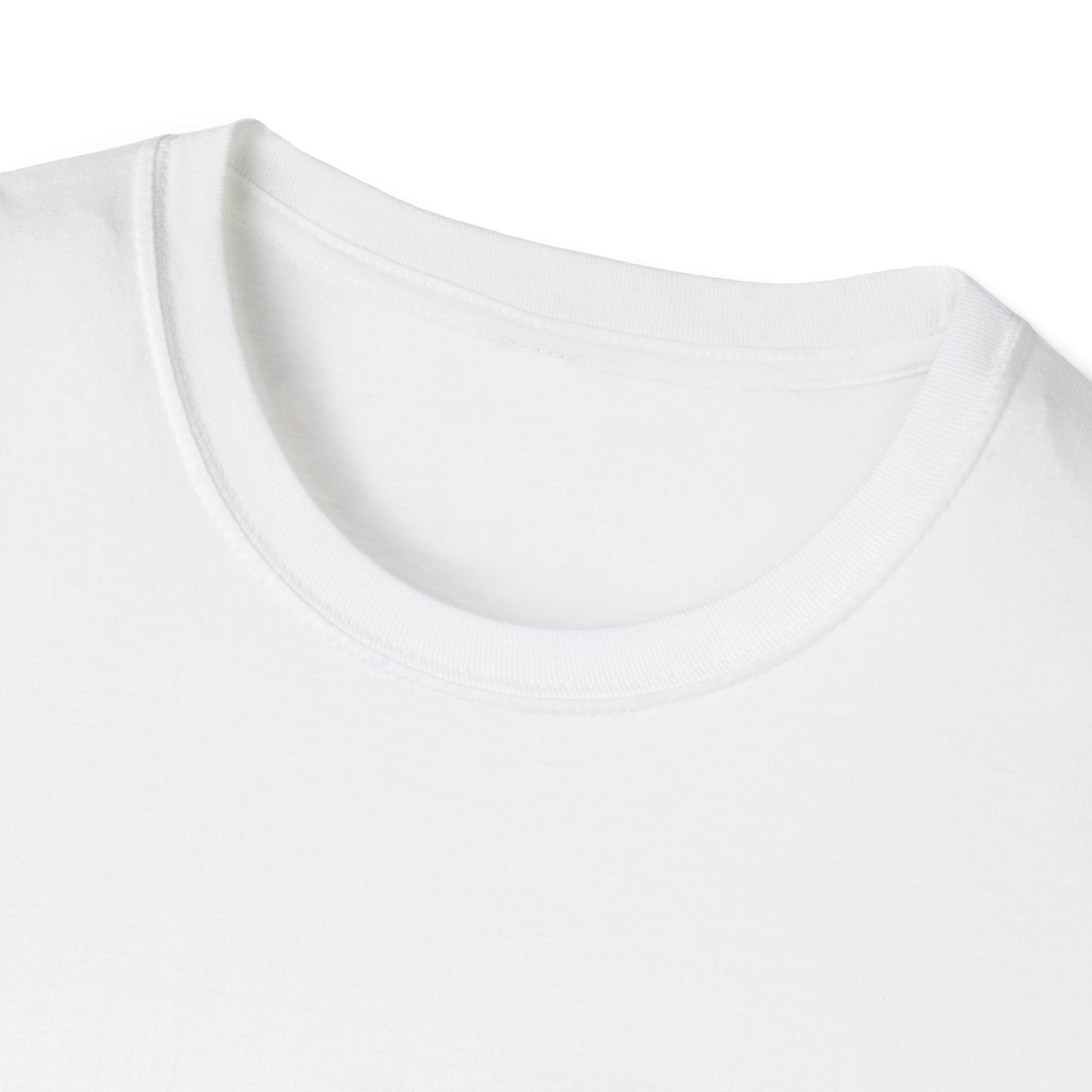 Close-up of white unisex cotton crewneck t-shirt collar: soft ribbed neckline, clean stitching, comfortable fit. Premium durable crew neck construction detail.
