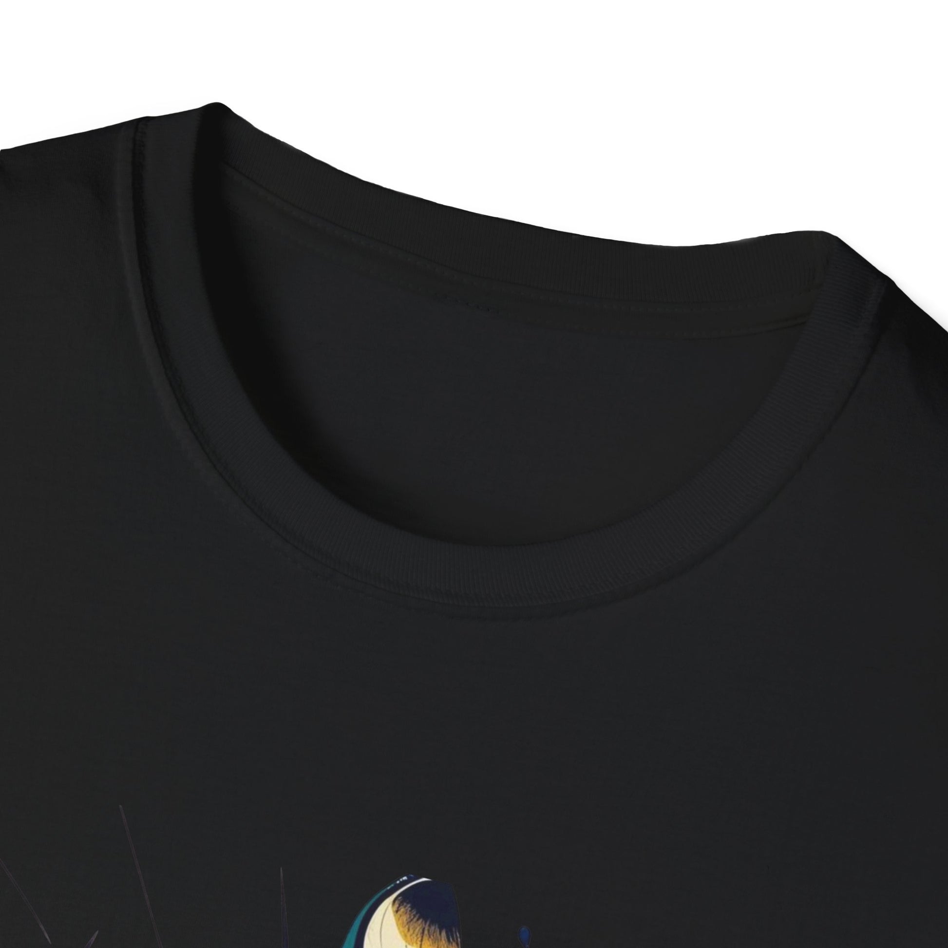 Close-up view of black unisex cotton crewneck t-shirt collar: soft ribbed neckline with clean stitching and comfortable fit. Premium quality durable crew neck construction detail on black graphic tee.
