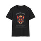 Black unisex cotton t-shirt featuring bold "Shadow Guide" graphic: vibrant abstract wolf head portrait with intense blue-green eyes, colorful geometric accents, and dynamic paint splatters in red, orange, teal, blue, and gold tones bursting outward around an orange moon background. Arched white text "SHADOW GUIDE" above and smaller inspirational quote "Even when fear appears, your intuition shows the way" below. Motivational spiritual empowerment crewneck tee.