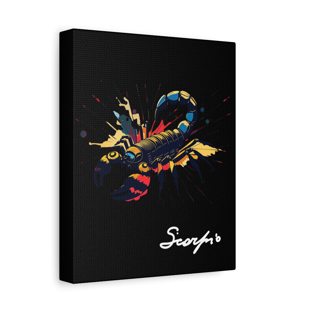 Black canvas wall art print of colorful abstract Scorpio scorpion with raised stinger, intense eyes, intricate tail and pincers, geometric patterns, and cosmic splatters on dark background, featuring "Scorpio" in elegant white cursive.
