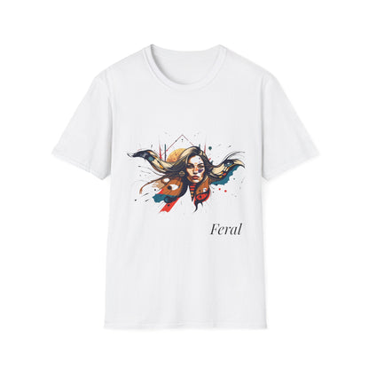 White unisex cotton t-shirt featuring bold "Feral" graphic: vibrant abstract portrait of a fierce woman with wild flowing hair, intense expression, tribal markings, colorful geometric accents, and dynamic paint splatters in red, orange, teal, blue, and gold tones bursting outward around an orange moon background. White elegant cursive "Feral" text below. Wild feminine energy motivational crewneck tee.