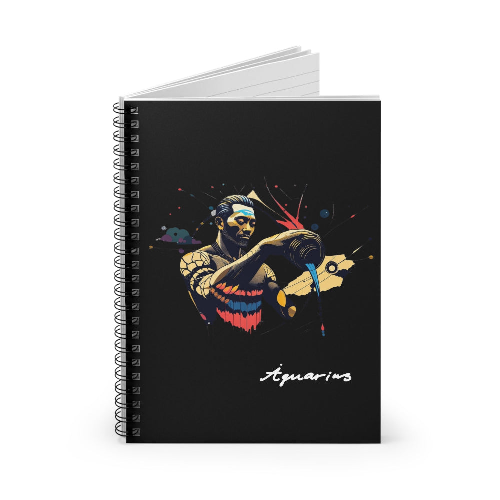Notebook with a colorful abstract Aquarius water bearer pouring vessel, tribal face paint, geometric patterns, and paint splatters on a black background, featuring the word "Aquarius".