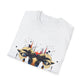 White folded unisex cotton t-shirt featuring bold Capricorn zodiac graphic print: vibrant abstract goat/ram head portrait with large curved horns, intense glowing eyes, geometric diamond accents, flowing beard details, and dynamic multicolored paint splatters in gold, red, blue, teal, orange, and black tones exploding outward. Elegant black cursive "Capricorn" text below. Astrology zodiac motivational crewneck tee.