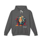 Gray hoodie with a colorful graphic of a face and the word 'Feral' on a white background