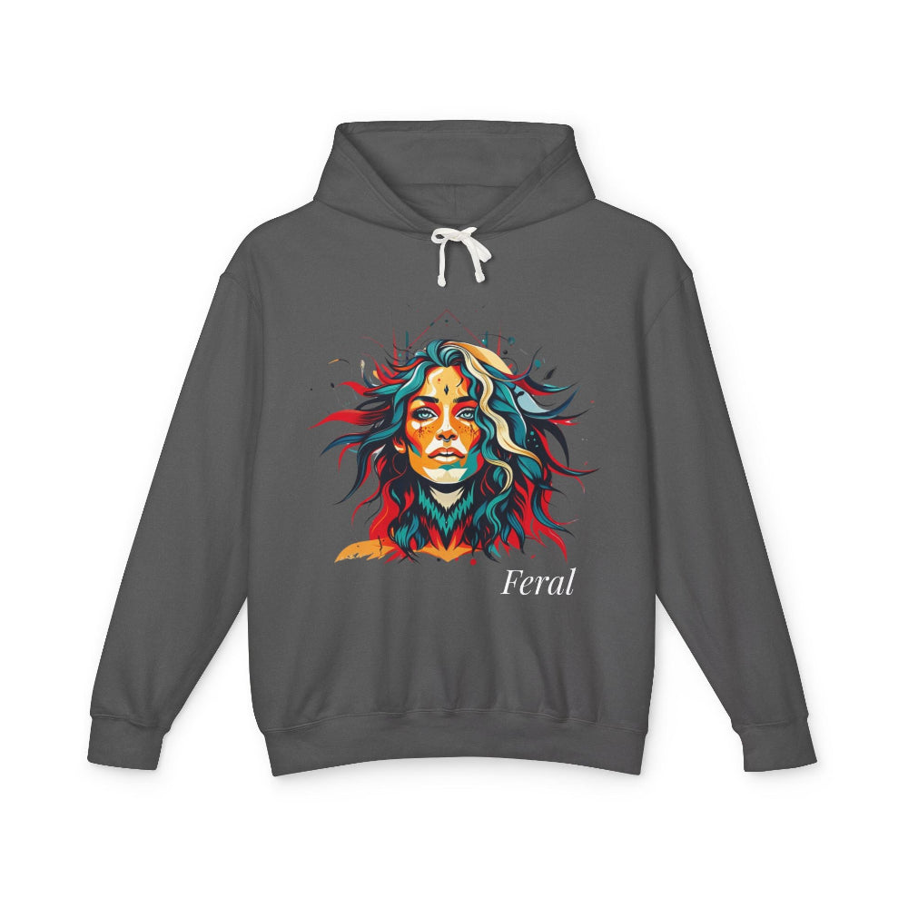 Gray hoodie with a colorful graphic of a face and the word 'Feral' on a white background