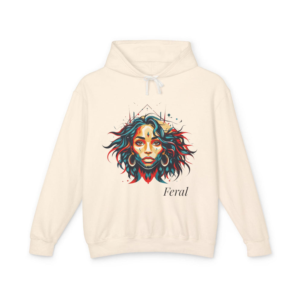 Beige hoodie with a colorful graphic of a woman's face and the word 'Feral' on a white background