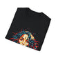 Black folded unisex cotton t-shirt featuring bold "Feral" graphic print: vibrant abstract portrait of a fierce woman with wild flowing blue hair, intense expression, tribal markings and forehead jewel, colorful geometric accents, and dynamic paint splatters in red, teal, blue, orange, and gold tones bursting outward around an orange moon background. White elegant cursive "Feral" text below. Wild feminine energy motivational crewneck tee.