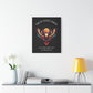 Black canvas wall art print featuring colorful abstract phoenix with spread wings and intense expression on dark background, arched white text "TRUST YOUR VISION" above and quote "Even when others can't see what you see" below. Modern motivational zodiac decor hung on white wall above console table with books and yellow lamp.