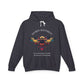 Dark gray hoodie laid flat, featuring a vibrant colorful bee graphic with the text "SACRED ALIGNMENT" arched above and the quote "Even when progress is quiet, the harvest is still forming" below. Motivational streetwear apparel.