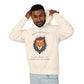 Young man with short hair pulling up the hood of a cream hoodie featuring colorful lion head graphic, mane in orange teal blue splashes, "BOLD PRESENCE" arched text, motivational quote about heart-led confidence below