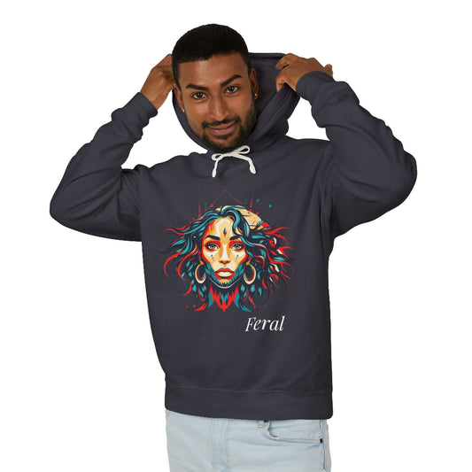 Man wearing a dark gray hoodie with a colorful graphic design and the word 'Feral' on a white background