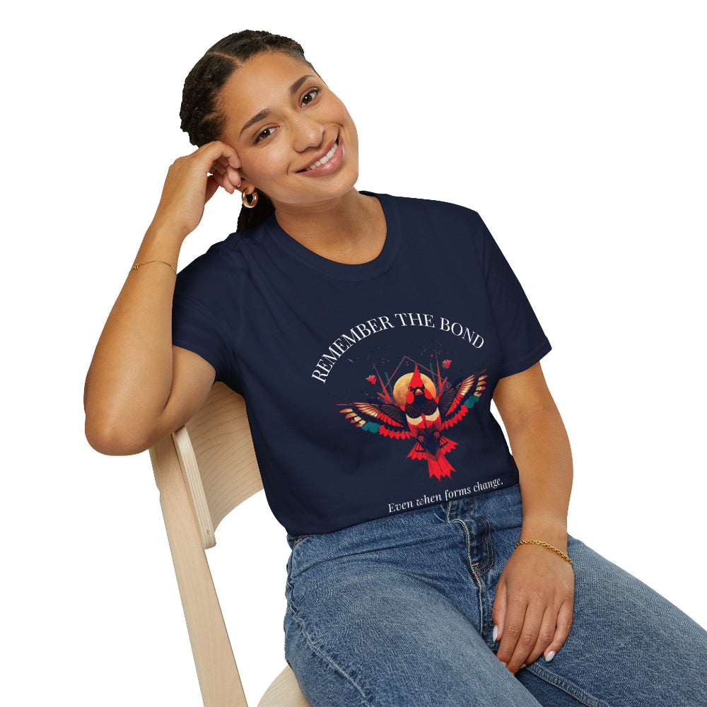 Woman modeling a navy blue t-shirt with 'Remember The Bond' inspirational bird graphic and quote 'Even when forms change, The love remains alive' printed on the front.