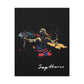 Close-up of Sagittarius zodiac canvas art featuring a colorful abstract archer drawing a bow in dynamic warrior pose with flowing cape and paint splatters on a black background, featuring the word "Sagittarius".