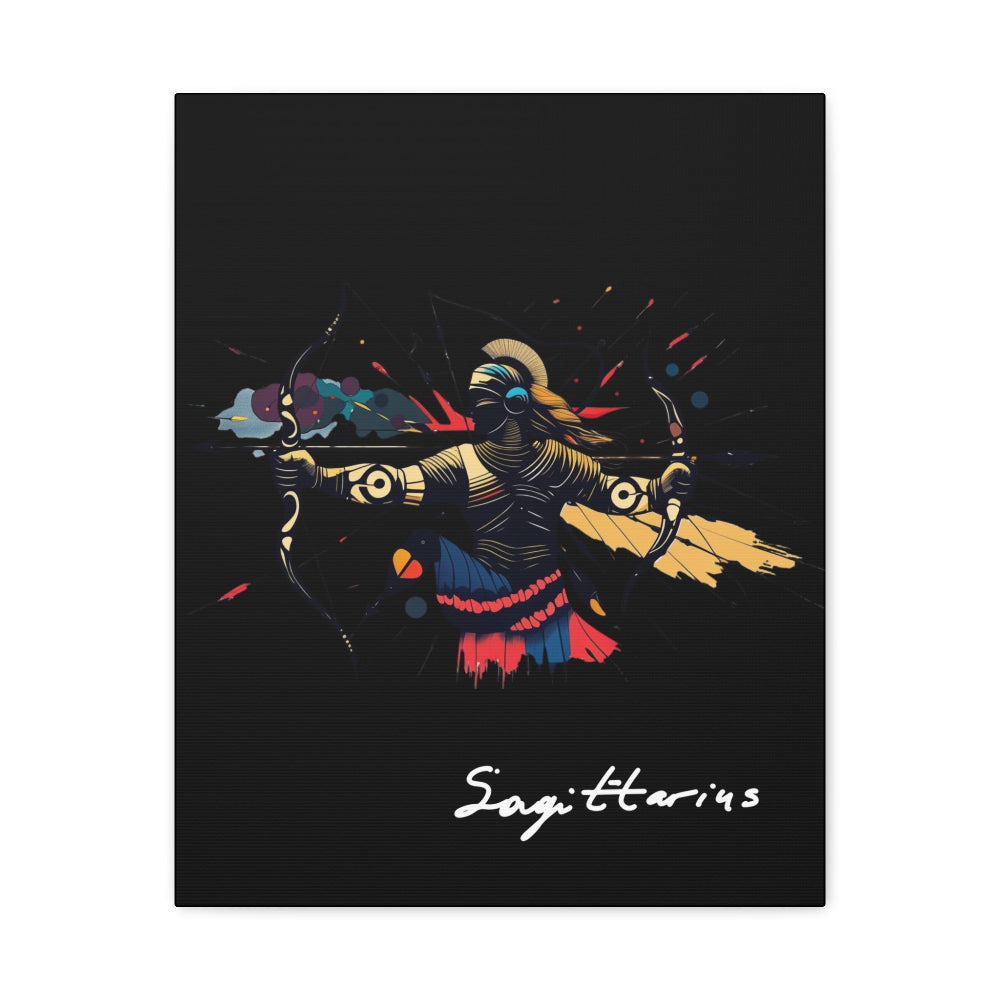 Close-up of Sagittarius zodiac canvas art featuring a colorful abstract archer drawing a bow in dynamic warrior pose with flowing cape and paint splatters on a black background, featuring the word "Sagittarius".