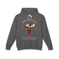 Charcoal grey hoodie with 'Move With Grace' inspirational hummingbird graphic and quote 'Even when the world accelerates, Your center remains steady' printed on the front.