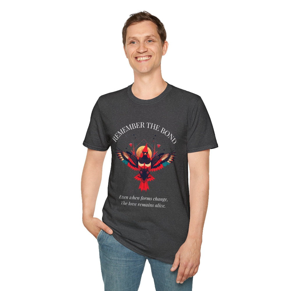 Man modeling an gray t-shirt with 'Remember The Bond' inspirational bird graphic and quote 'Even when forms change, The love remains alive' printed on the front.