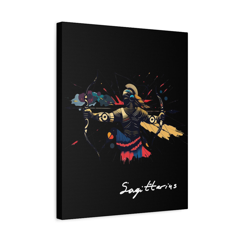 Black canvas wall art print of abstract Sagittarius archer with bow, dynamic pose, flowing cape, and colorful splatters on dark background, featuring "Sagittarius" in elegant white cursive.