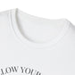 Close-up of white unisex cotton crewneck t-shirt collar: soft ribbed neckline, clean stitching, comfortable fit. Premium durable crew neck construction detail.