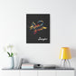 Black canvas wall art print of colorful abstract Scorpio scorpion with raised stinger, intense eyes, intricate tail and pincers, geometric patterns, and cosmic splatters on dark background, featuring "Scorpio" in elegant white cursive displayed in a modern home décor setting above a console table with books and yellow lamp.