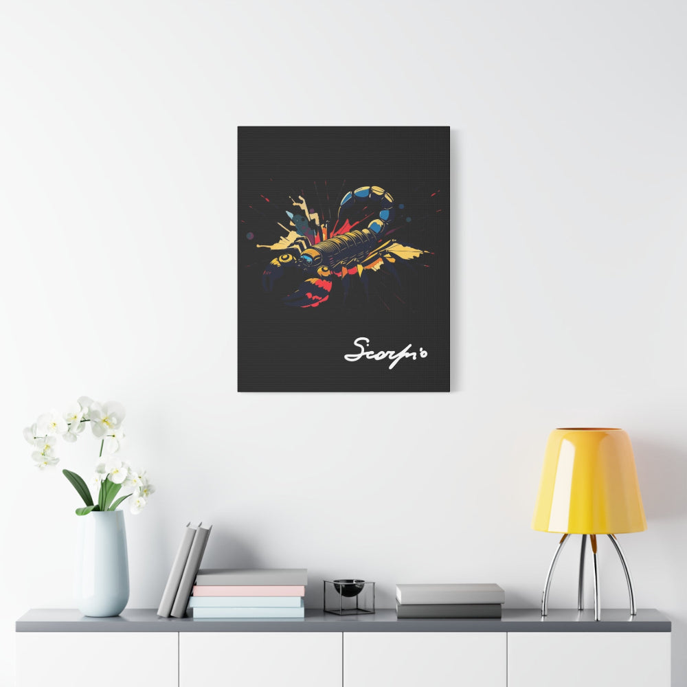 Black canvas wall art print of colorful abstract Scorpio scorpion with raised stinger, intense eyes, intricate tail and pincers, geometric patterns, and cosmic splatters on dark background, featuring "Scorpio" in elegant white cursive displayed in a modern home décor setting above a console table with books and yellow lamp.