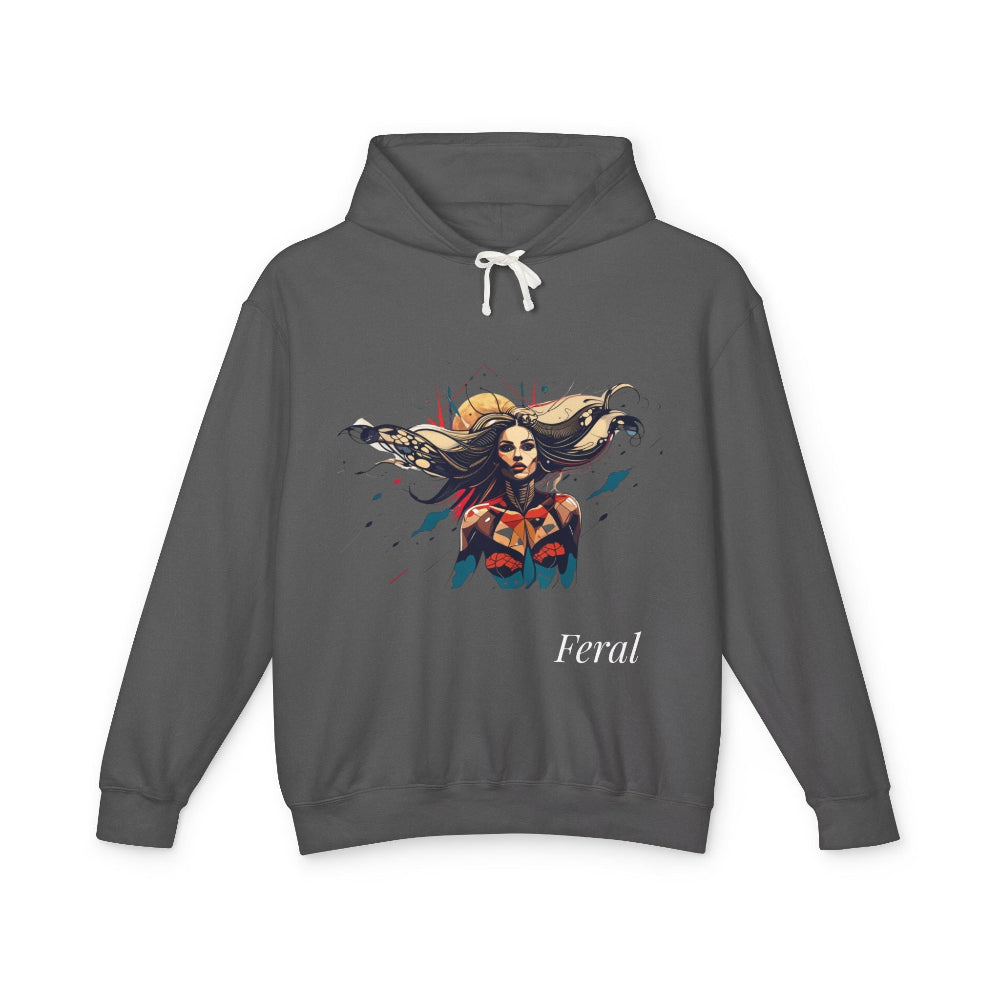 Gray hoodie with a graphic design of a woman and the word 'Feral' on a white background