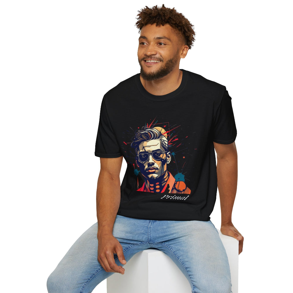 Black unisex cotton t-shirt modeled by smiling man with curly hair and beard, featuring bold "Primal" graphic: stylized intense man portrait with vibrant red, orange, yellow, blue paint splatters bursting outward. Elegant white "Primal" text below. Primal masculine energy motivational crewneck tee.
