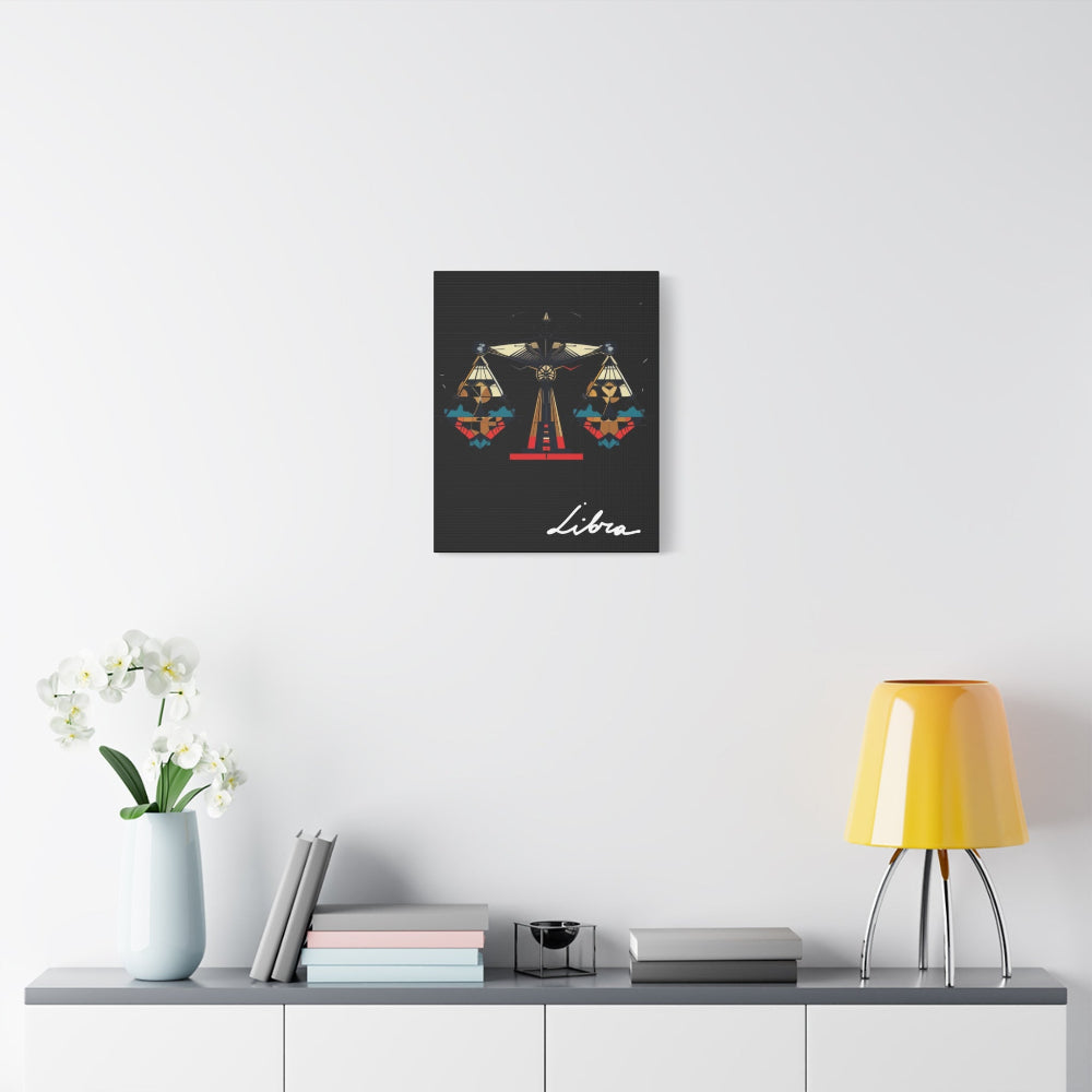 Black canvas wall art print of geometric Libra scales with intricate patterns and colorful accents on dark background, featuring "Libra" in elegant white cursive.