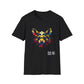 Black unisex cotton t-shirt featuring bold Year of the Rat graphic: vibrant abstract rat face portrait with large expressive ears, intense glowing eyes, geometric patterns, and dynamic multicolored paint splatters in yellow, red, blue, teal, and orange tones exploding outward. Chinese text "鼠年" (Year of the Rat) printed below in white. Zodiac Chinese New Year motivational crewneck tee.