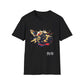 Black unisex cotton t-shirt featuring bold Year of the Dog zodiac graphic: vibrant abstract dog face portrait with intense glowing eyes, detailed fur texture, alert playful expression, geometric accents, and dynamic multicolored paint splatters in gold, red, blue, teal, orange, and black tones exploding outward. Chinese text "狗年" (Year of the Dog) printed below in white. Chinese New Year zodiac motivational crewneck tee.