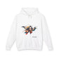 White hoodie with a colorful graphic design and 'Feral' text on a white background