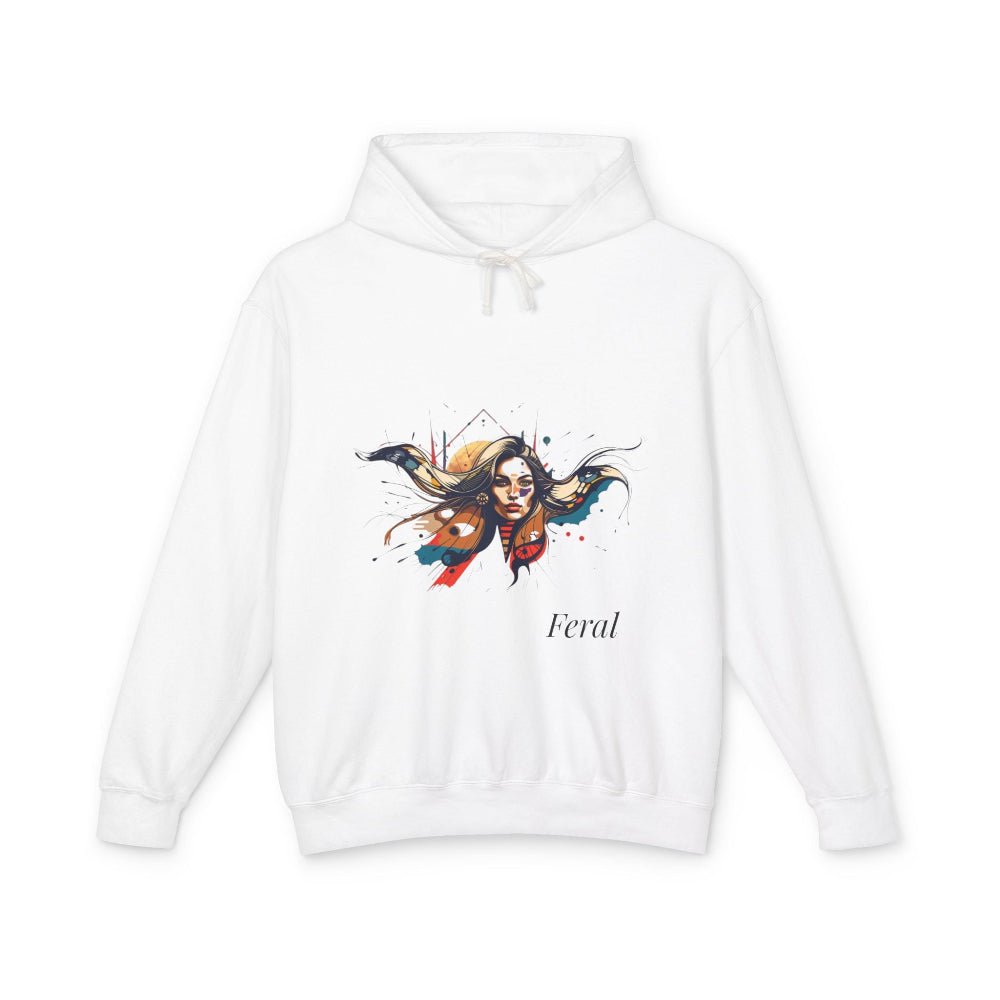 White hoodie with a colorful graphic design and 'Feral' text on a white background