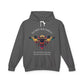Gray hoodie laid flat, featuring a vibrant colorful bee graphic with the text "SACRED ALIGNMENT" arched above and the quote "Even when progress is quiet, the harvest is still forming" below. Motivational streetwear apparel.