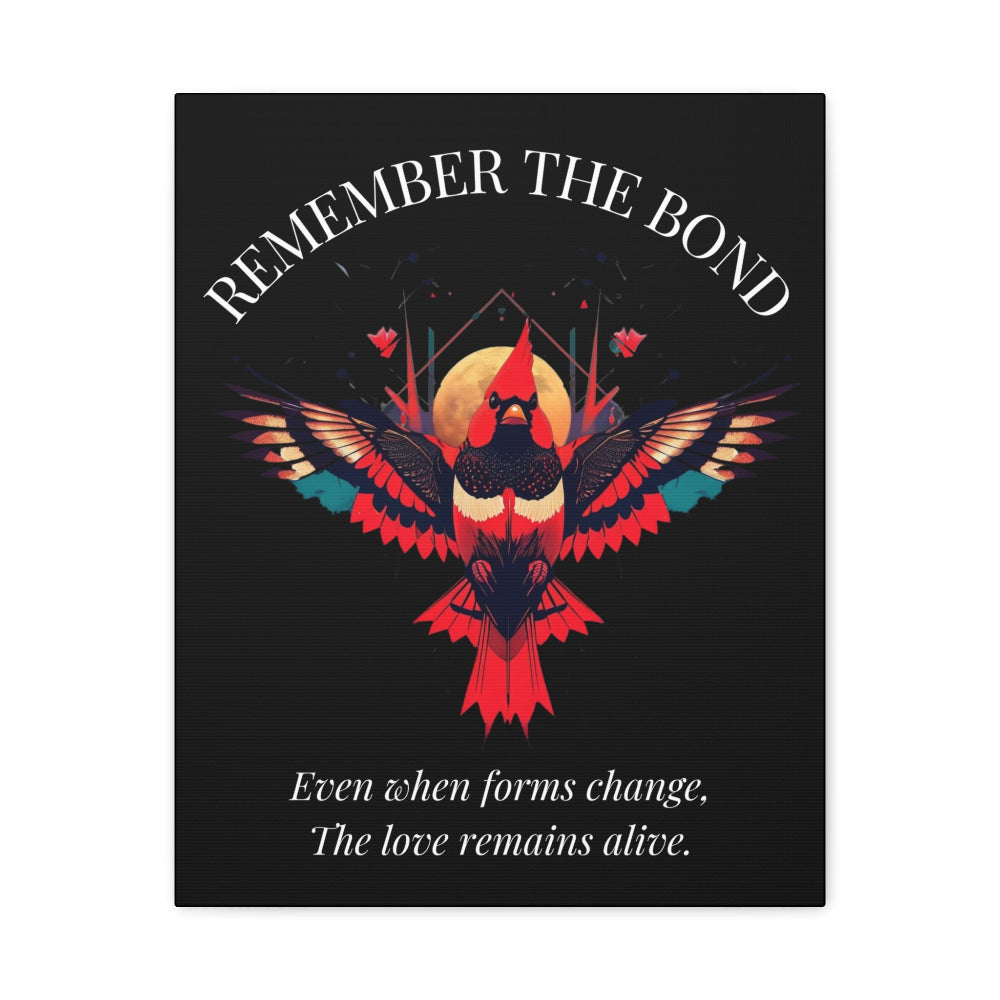 Remember The Bond" cardinal graphic wall art on a premium black canvas. Features a bold red bird illustration and inspirational memorial quote in white typography.