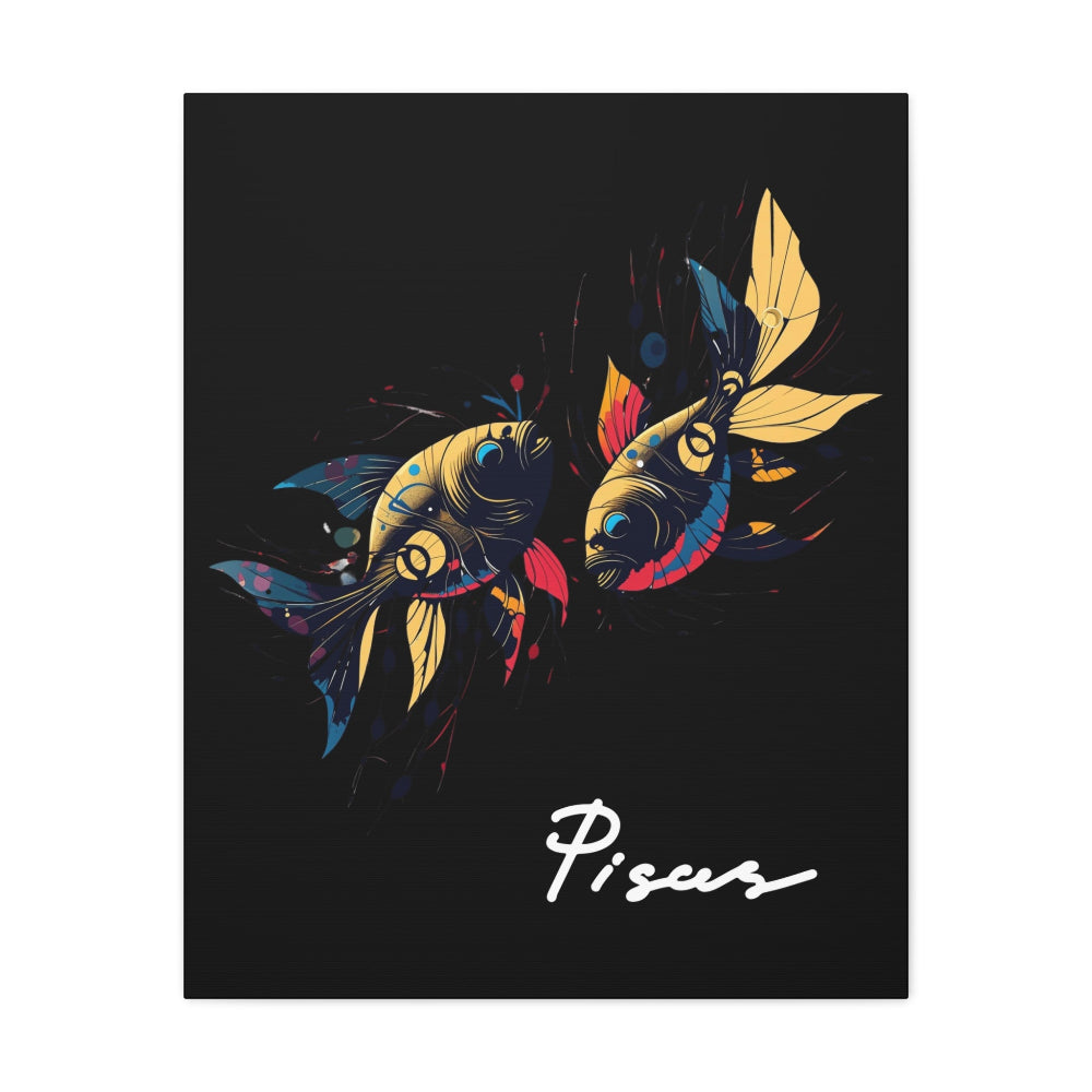 Close up of black canvas wall art print of colorful abstract mirrored fish with flowing fins and cosmic splatters on dark background, featuring "Pisces" in elegant white cursive.