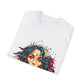 White folded unisex cotton t-shirt featuring bold "Feral" graphic print: vibrant abstract portrait of a fierce woman with wild flowing blue hair, intense expression, tribal markings and forehead jewel, colorful geometric accents, and dynamic paint splatters in red, teal, blue, orange, and gold tones bursting outward around an orange moon background. White elegant cursive "Feral" text below. Wild feminine energy motivational crewneck tee.