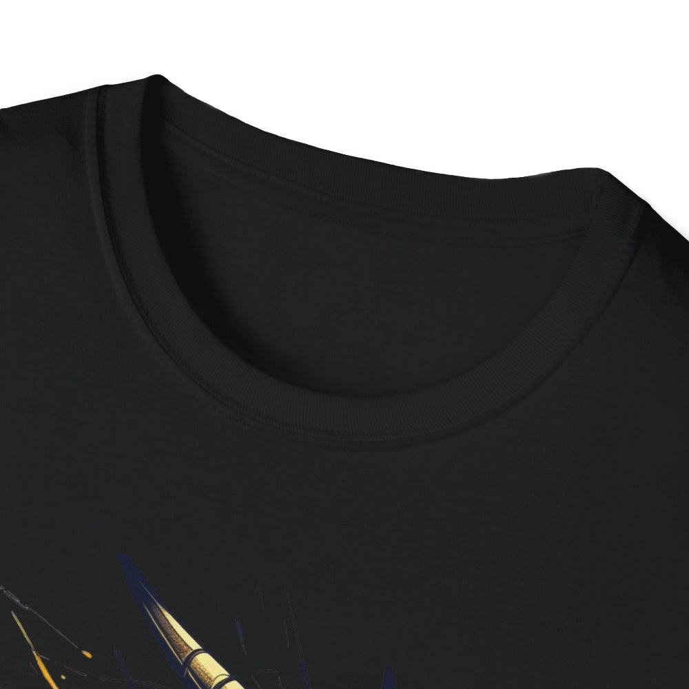 Close-up view of black unisex cotton crewneck t-shirt collar: soft ribbed neckline with clean stitching and comfortable fit. Premium quality durable crew neck construction detail on black graphic tee.