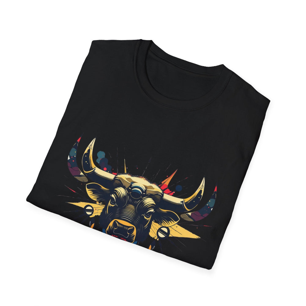 Black folded unisex cotton t-shirt featuring bold Taurus zodiac graphic print: vibrant abstract bull head portrait with large curved horns, intense expression, geometric patterns, and dynamic multicolored paint splatters in gold, red, navy, teal, and black tones exploding outward. Elegant white cursive "Taurus" text below. Astrology zodiac motivational crewneck tee.