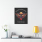 Black canvas wall art print featuring colorful abstract moth with detailed wings, intense expression, geometric accents, and cosmic splatters on dark background. Arched white text "FOLLOW YOUR LIGHT" above and quote "Even when others can't see where you're going, see with your own eyes" below. Modern motivational zodiac decor hung on white wall above console table with books and yellow lamp.