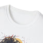 Close-up of white unisex cotton crewneck t-shirt collar: soft ribbed neckline, clean stitching, comfortable fit. Premium durable crew neck construction detail.