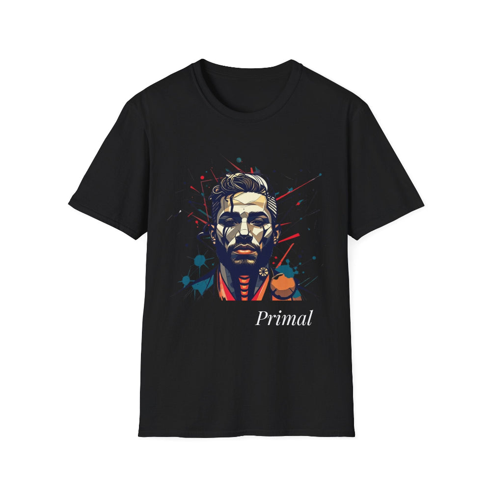 Black unisex cotton t-shirt featuring bold Primal graphic print: stylized bearded man portrait with styled hair, intense expression, red collar accents, and vibrant red, teal, blue abstract paint splatters bursting outward. Elegant white cursive "Primal" text below. Primal masculine energy motivational crewneck tee.