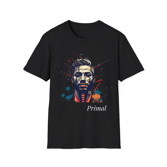 Black unisex cotton t-shirt laid out flat featuring bold "Primal" graphic: stylized intense male portrait with stylish hair, vibrant multicolored geometric face in red, orange, teal, blue and gold tones, dynamic paint splatters and abstract shards exploding outward. Elegant white cursive "Primal" text below. Primal masculine energy motivational crewneck tee.