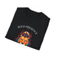 Black folded unisex cotton t-shirt featuring bold "Bold Presence" graphic: vibrant abstract lion head portrait with intense expression, colorful geometric accents, and dynamic paint splatters in red, orange, teal, blue, and gold tones bursting outward around an orange moon background. Arched white text "BOLD PRESENCE" above and smaller inspirational quote "Even when challenges arise, your heart leads with confidence" below. Motivational spiritual empowerment crewneck tee.
