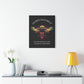 Black canvas wall art print of colorful abstract sacred bee with detailed wings, geometric accents, and cosmic splatters on dark background. Arched white text "SACRED ALIGNMENT" above and quote "Even when progress is quiet, the harvest is still forming" below.  Modern motivational zodiac decor hung on white wall above console table with books and yellow lamp.