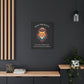 Black canvas wall art print of colorful abstract lion head with intense expression, flowing mane, geometric accents, and cosmic splatters on dark background. Arched white text "BOLD PRESENCE" above and quote "Even when challenges arise, your heart leads with confidence" below. Modern motivational decor hung on dark wall above console table with books and plant.