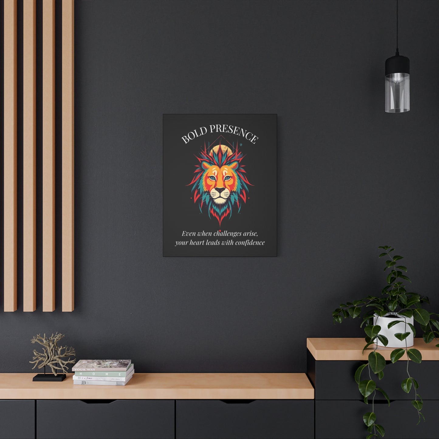Bold Presence Canvas Wall Art — Inspirational Lion with Moon Quote