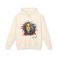 Beige hoodie with a colorful lion graphic and 'Feral' text on a white background