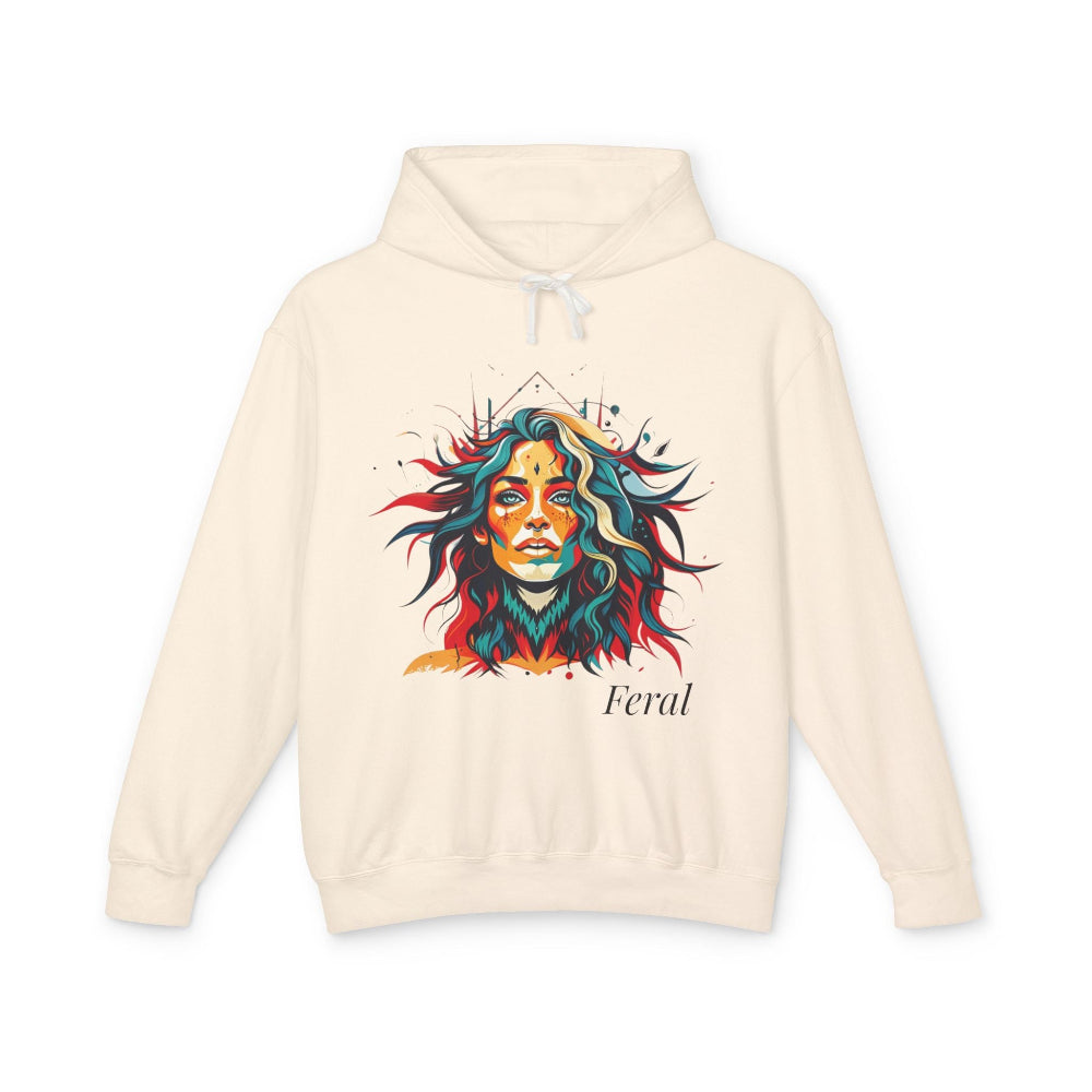 Beige hoodie with a colorful lion graphic and 'Feral' text on a white background