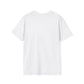 White unisex cotton t-shirt back view: plain blank white with no print, short sleeves, relaxed fit, clean crewneck, and natural drape. Soft comfortable premium basic white t-shirt rear flat lay.